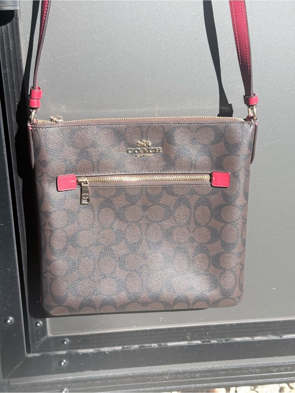 Coach Brown Signature Crossbody with Red Trim